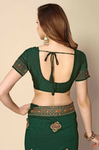 Green Chinon Embroidered Saree with Unstitched Blouse Piece - Roozal | Grocsy