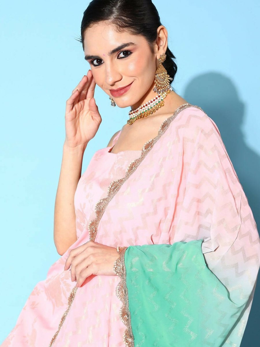 Ahalyaa Women's Baby Pink Crepe Gold Smoke Printed Kurta Sharara Set With Dupatta | Grocsy