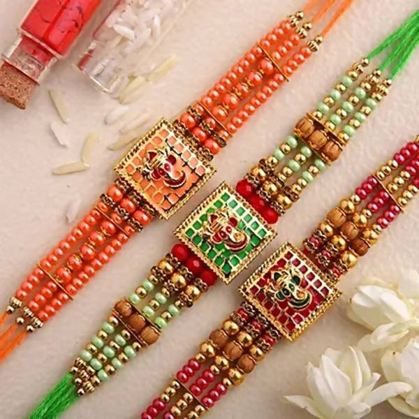 Set of 3 Meenakari Rakhi and Kaju Katli Box | Grocsy