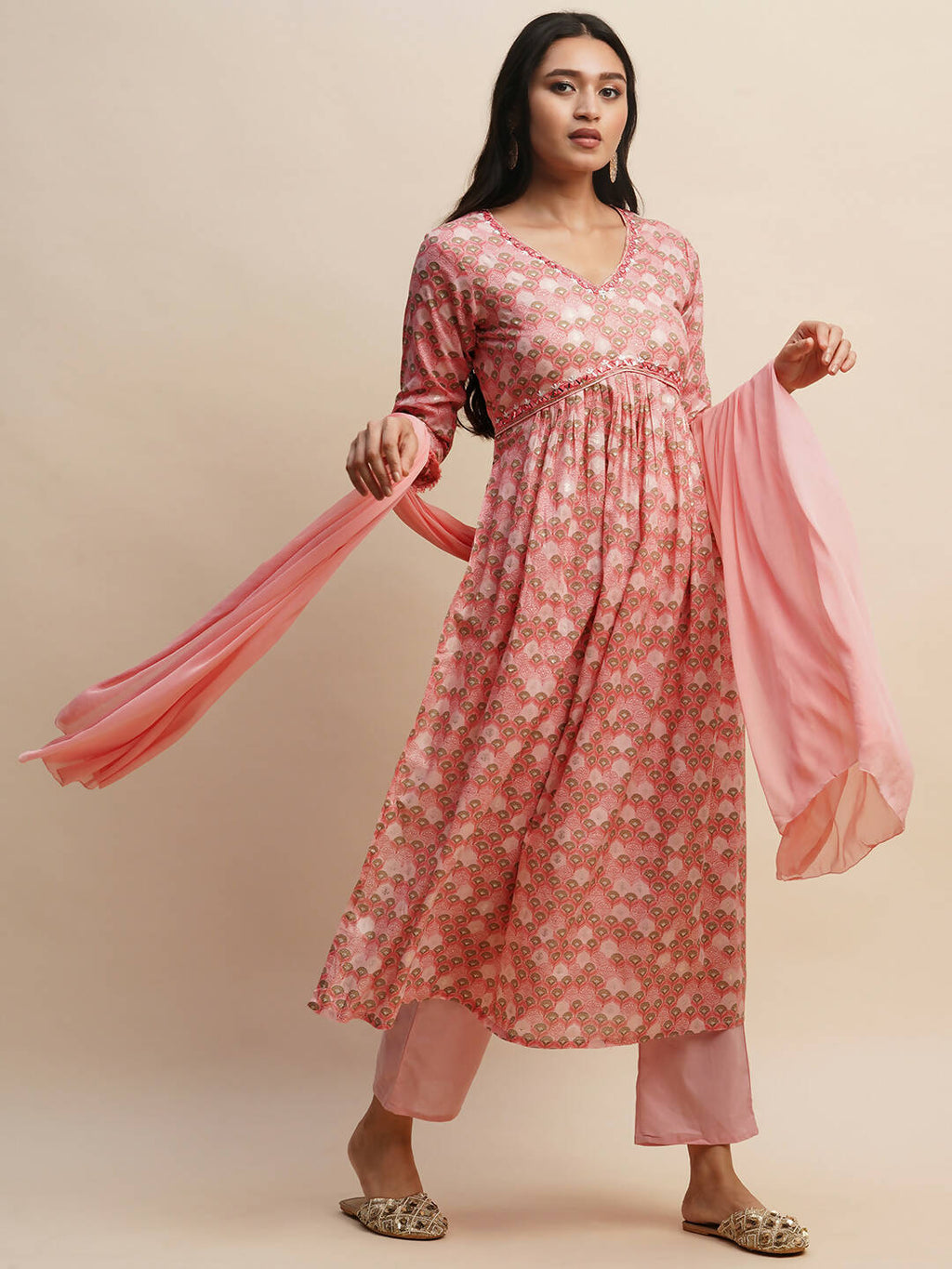 Pink Pure Cotton Floral Printed Naira Cut Kurta And Bottom With Dupatta - Akashara | Grocsy