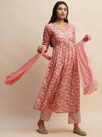 Pink Pure Cotton Floral Printed Naira Cut Kurta And Bottom With Dupatta - Akashara | Grocsy
