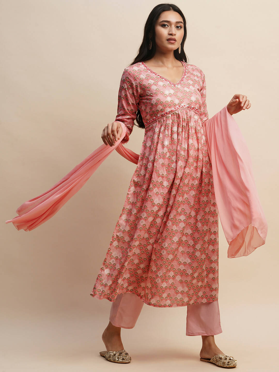 Pink Pure Cotton Floral Printed Naira Cut Kurta And Bottom With Dupatta - Akashara | Grocsy