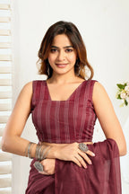 Joban Fashion Maroon Ethnic Motifs Linen Ready To Wear Saree With Unstitched Blouse | Grocsy