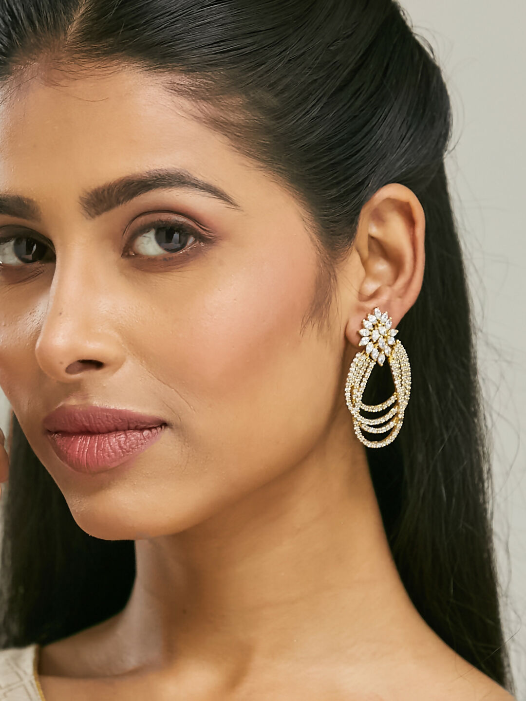 Nuyug 22K Gold-Plated Floral Motif Zircon Stone Studded Teardrop Shaped Elegant Drop Dangler Earrings | Grocsy