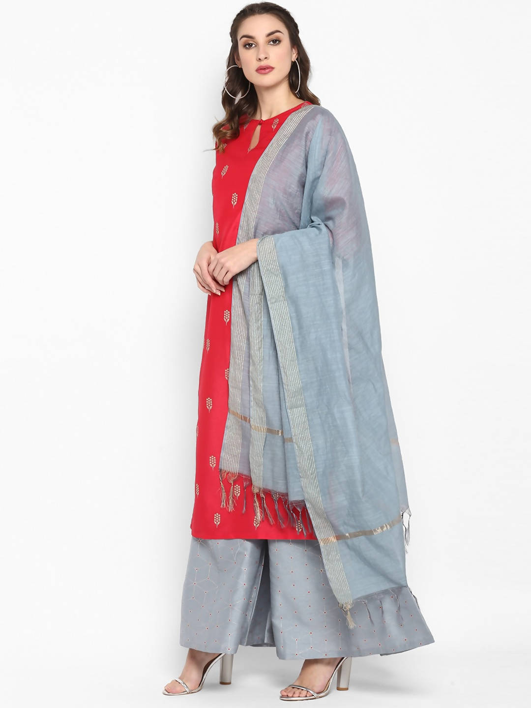 Janasya Women Red Poly Silk Kurta With Palazzo and Dupatta | Grocsy