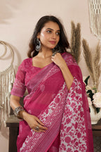 Joban Fashion Pink Floral Linen Ready To Wear Saree With Unstitched Blouse | Grocsy