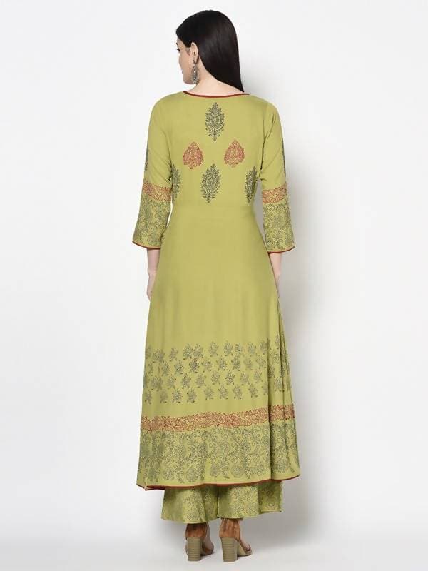 Aniyah Rayon Parrot Green Color Block Print Anarkali Palazzo Set (AN-194K) | Grocsy