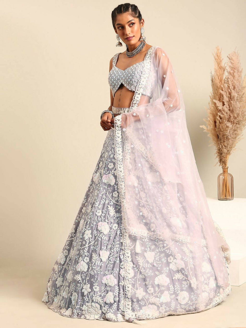 House of Panchhi Mauve Chinon Sequins and Zarkan embroidery Lehenga choli & Dupatta | Grocsy