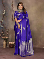 Joban Fashion Royal Blue Floral Motifs Banarasi Silk Sarees | Grocsy