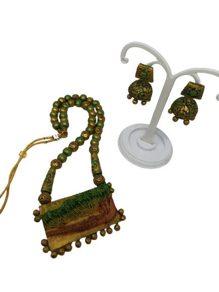 Terracotta Green and Gold Kerala Style Rowing Boat Pendant Long Necklace Set with Temple Earrings | Grocsy
