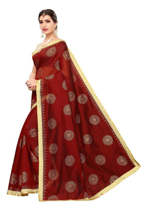 Vamika Chanderi Cotton Foil Print Maroon Saree (GOLDEN BIRD MAROON) | Grocsy