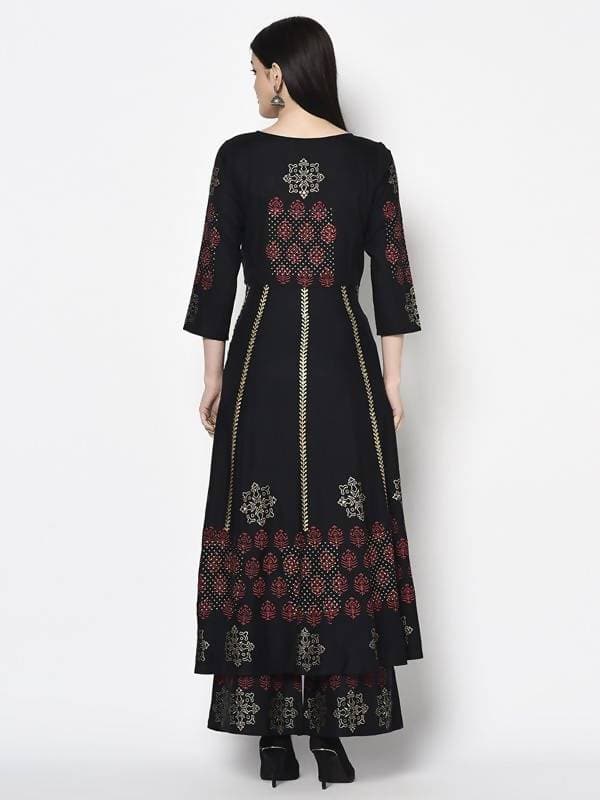 Aniyah Rayon Black Color Block Print Anarkali Palazzo Set (AN-186K) | Grocsy