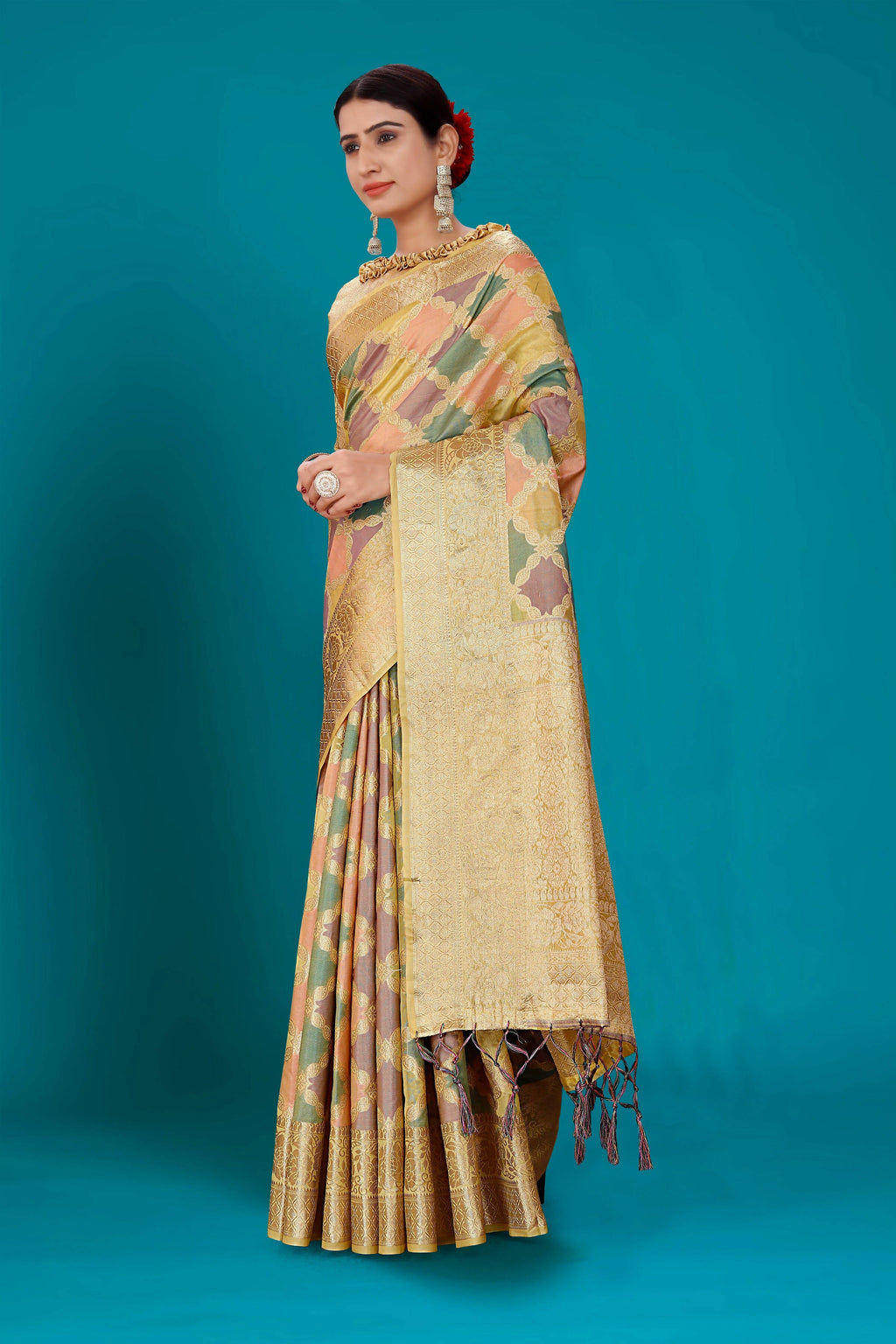 Beige Soft Organza Woven Design Saree with Unstitched Blouse Piece - Zaara | Grocsy