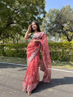 Vamsee Naina Maroon Organza Saree | Grocsy