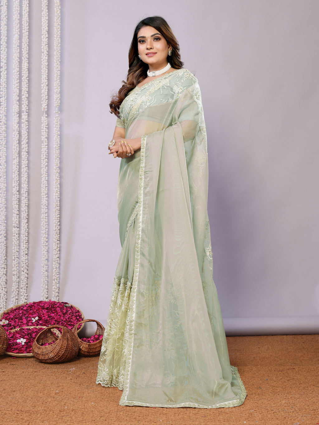 Green Glass Tissue,Net Embroidered Saree With Stitched Blouse - Nimaya Kaksha | Grocsy