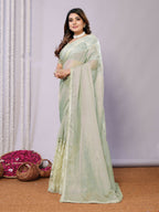 Green Glass Tissue,Net Embroidered Saree With Stitched Blouse - Nimaya Kaksha | Grocsy