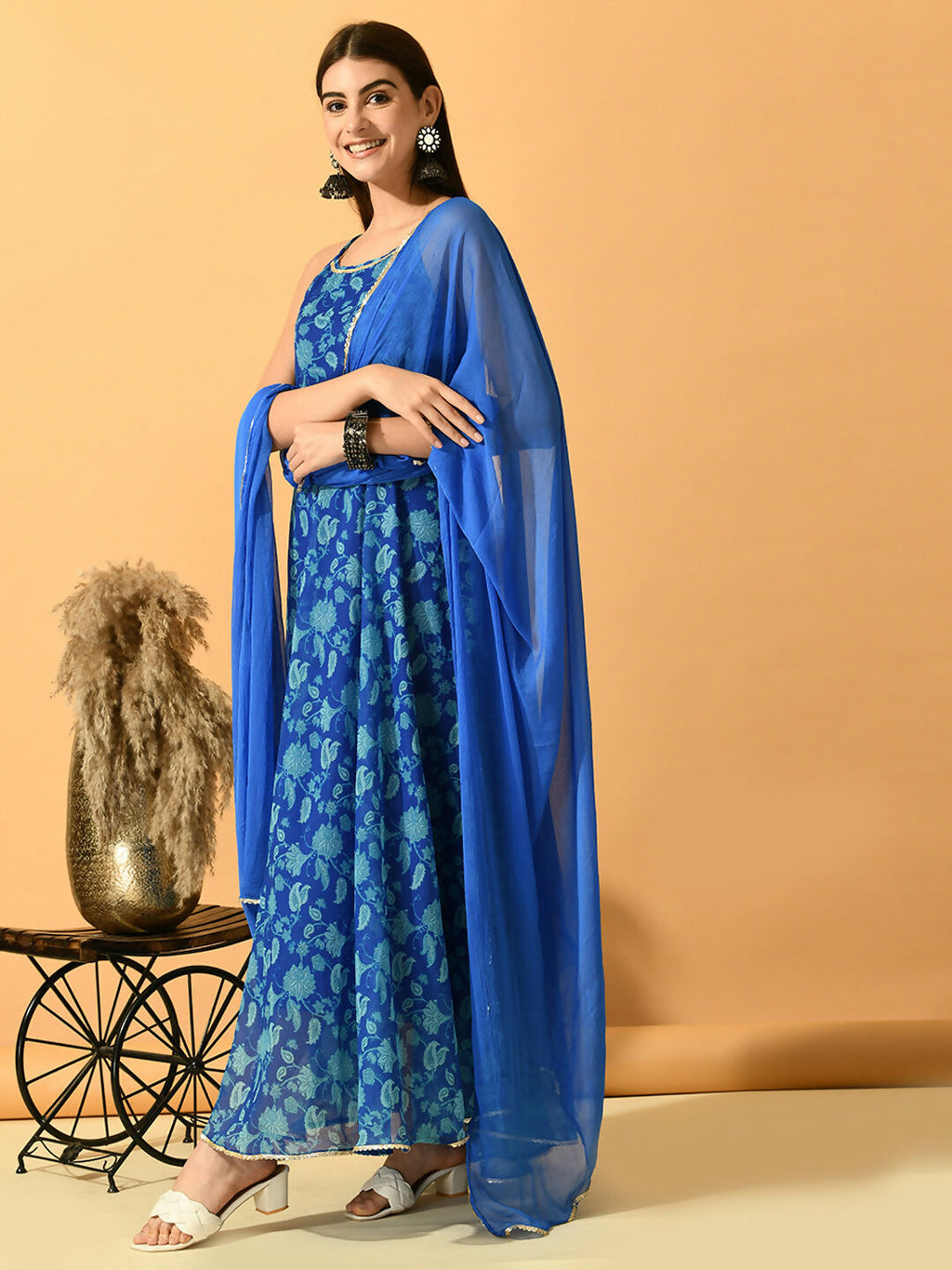 Myshka Women's Blue Festive Flared Anarkali Kurta With Dupatta sets | Grocsy
