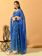 Myshka Women's Blue Festive Flared Anarkali Kurta With Dupatta sets | Grocsy