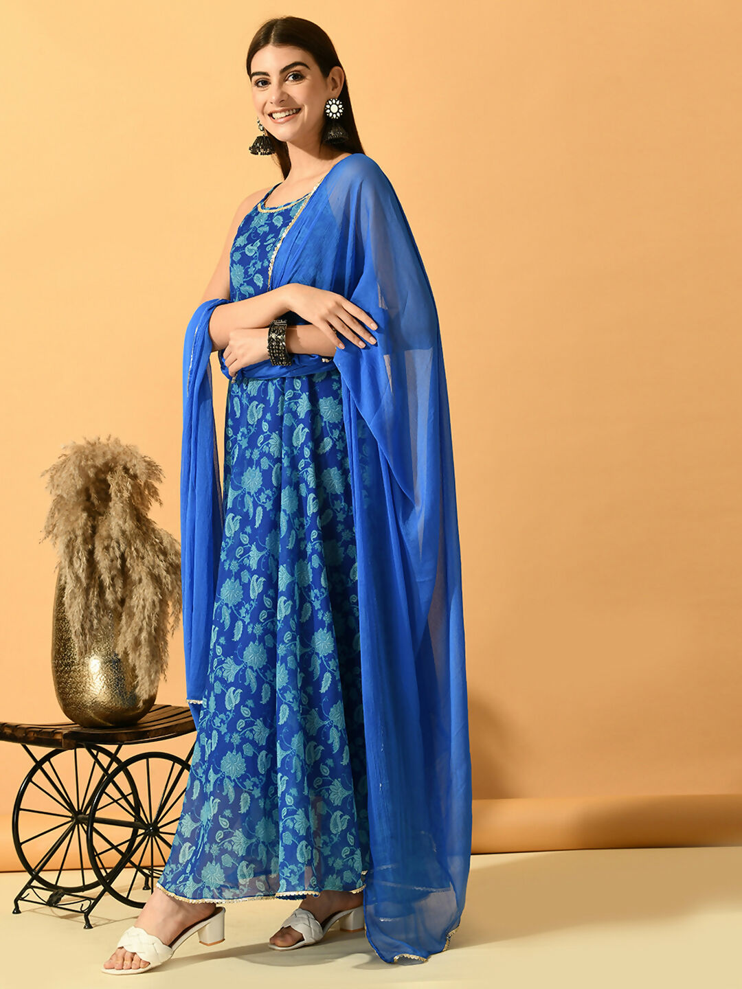 Myshka Women's Blue Festive Flared Anarkali Kurta With Dupatta sets | Grocsy
