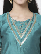 Myshka Women Teal Chanderi Solid Half Sleeve Round Neck Kurta | Grocsy