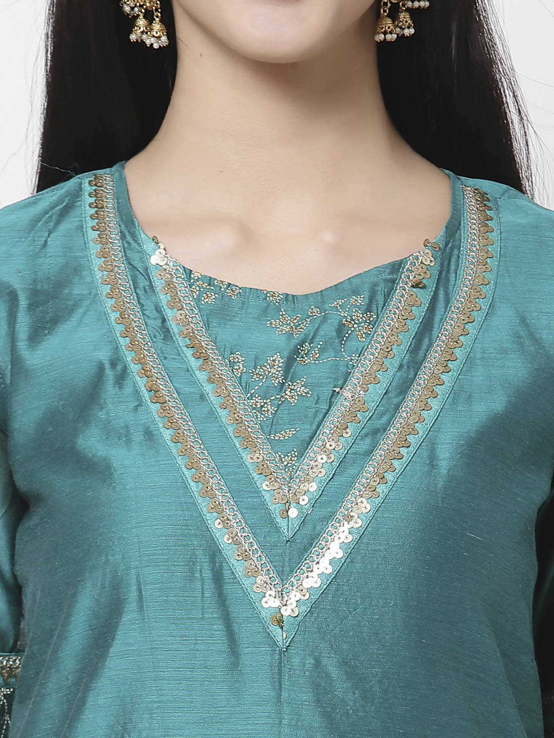 Myshka Women Teal Chanderi Solid Half Sleeve Round Neck Kurta | Grocsy