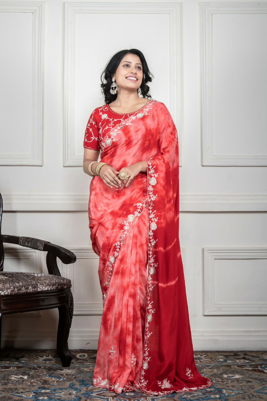 Morchari Red Crepe Hand Embroidery Saree And Stitched Blouse | Grocsy