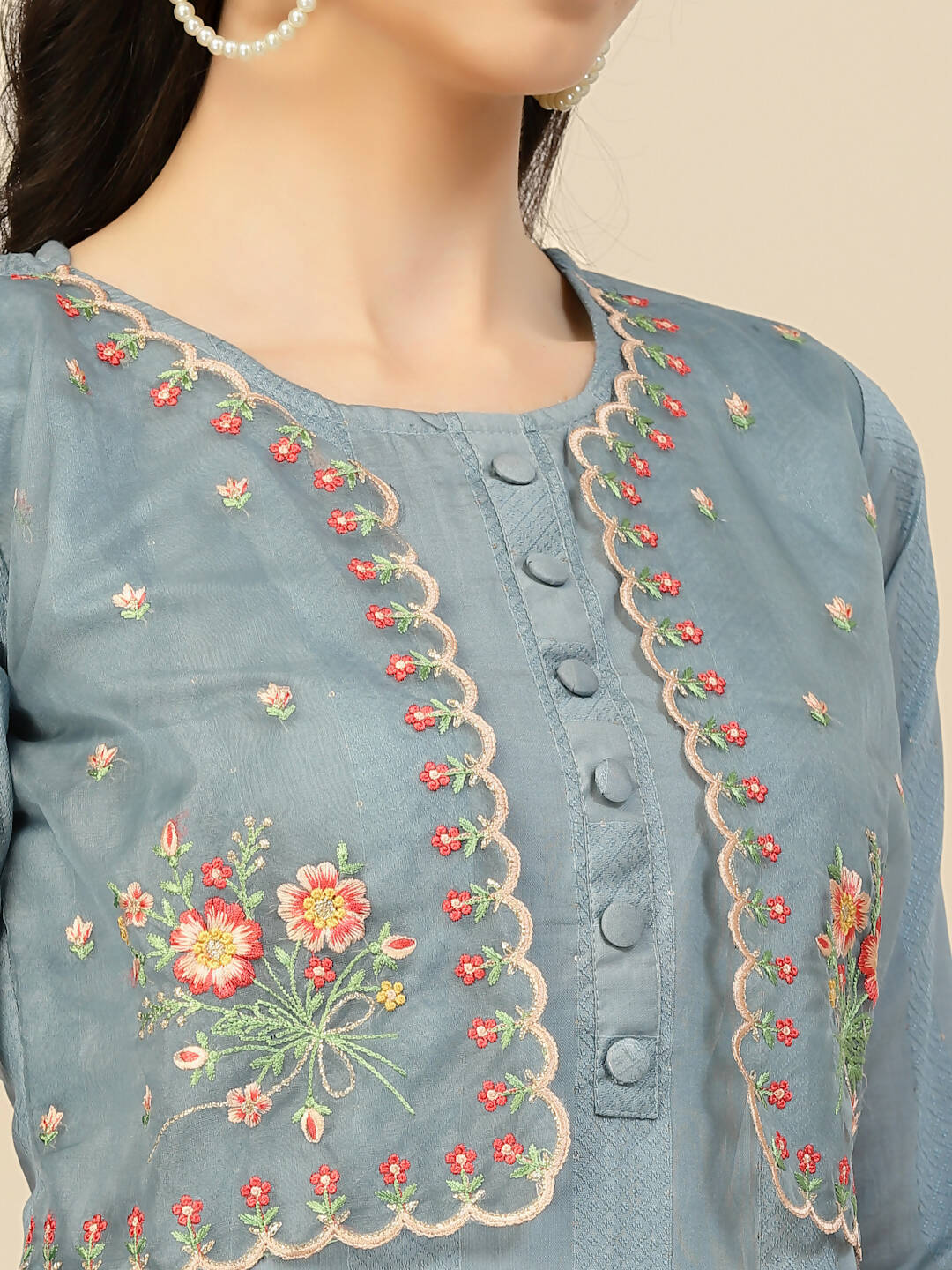 Sky Blue Embroidered Chinon Straight Kurta With Trouser & Dupatta - Salimar | Grocsy