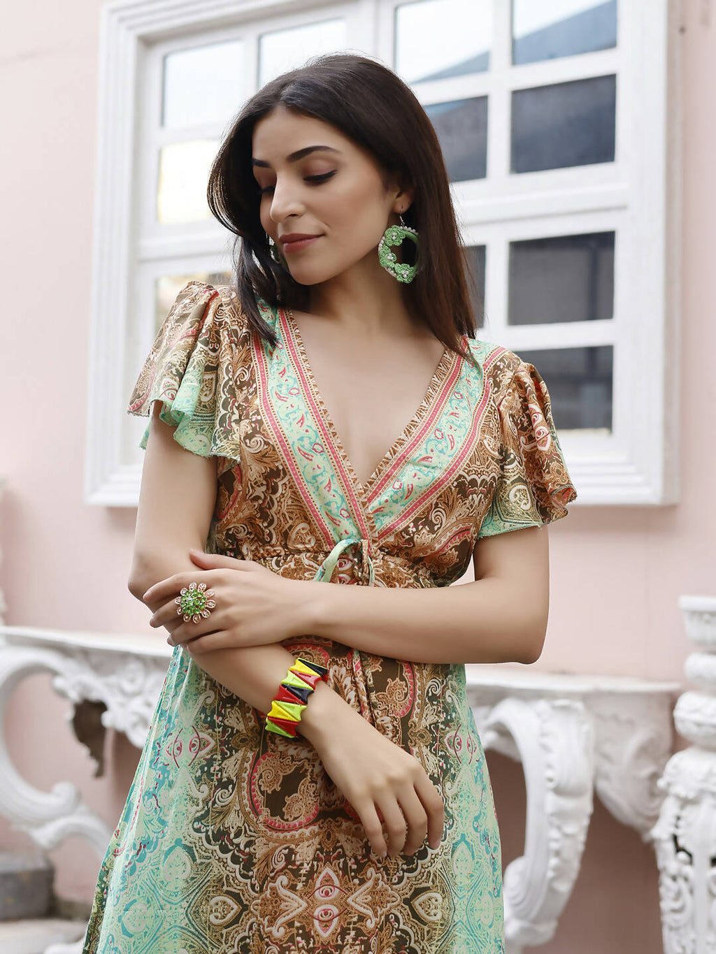 Sea Green Rayon Foil Printed Long Dress - Michan | Grocsy