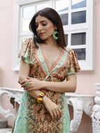 Sea Green Rayon Foil Printed Long Dress - Michan | Grocsy