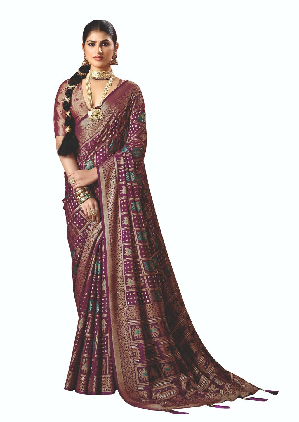 Joban Fashion Wine Dull Moss Brasso Saree | Grocsy