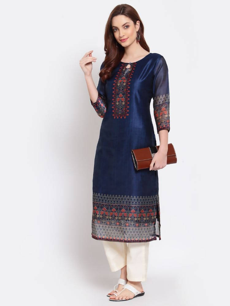 Myshka Women's Navy Blue Printed Chanderi Silk 3/4 Sleeve Round Neck Casual Kurta | Grocsy