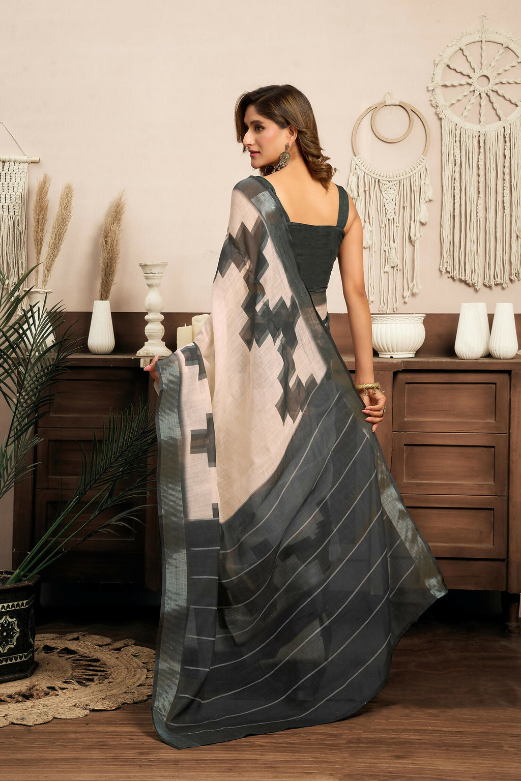 Joban Fashion White & Grey Ethnic Motifs Linen Ready To Wear Saree With Unstitched Blouse | Grocsy