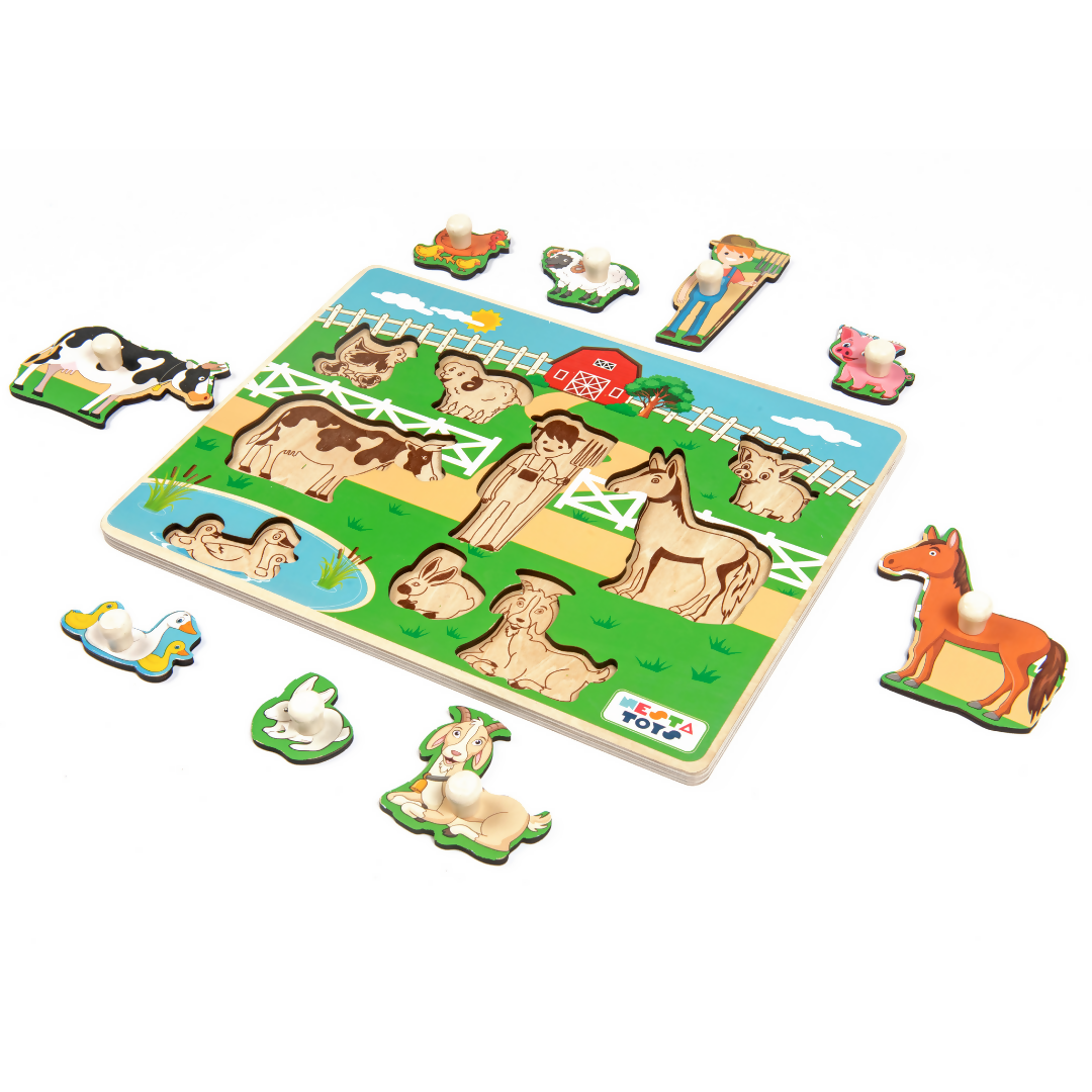 Nesta Toys Wooden Farm Animal Knob Puzzle (8 Pcs) | Grocsy