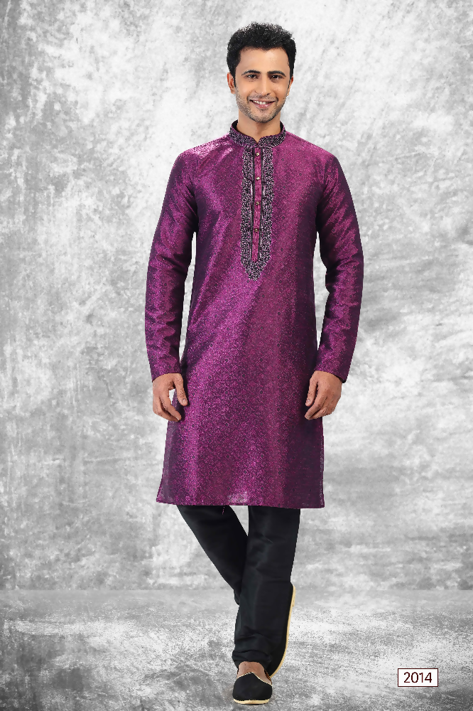 Raivat Ethnic Jacquard Silk Brocade Thread Work Kurta Pajama In Purple Colour | Grocsy