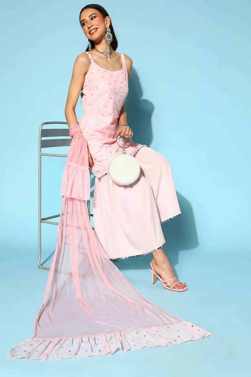 Ahalyaa Women Pink Colour Crepe Silver Foil Printed Kurta Sharara Set | Grocsy