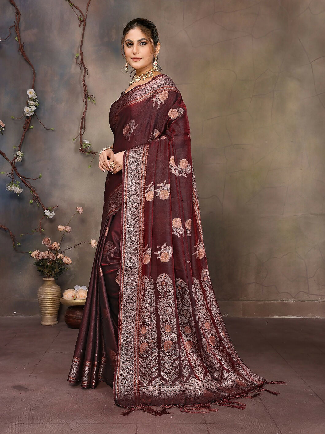 Joban Fashion Wine Woven Jacquard Banarasi Silk Sarees | Grocsy