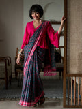 Suta Navy Blue Floral Pure Cotton Saree | Grocsy