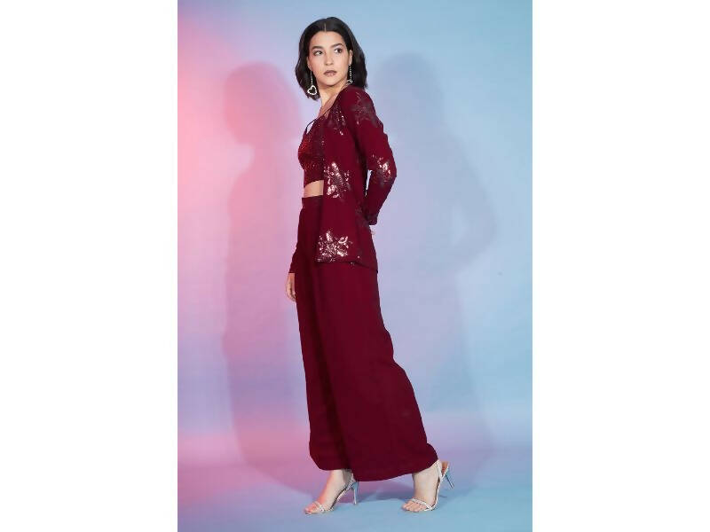 Red Georgette Sequence With Thread Designer Co-Ord Set - Flory | Grocsy