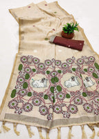 Vastranavya Cream Muga Cotton Meenakari & Azarakh Pallu Saree with Contrast Blouse | Grocsy