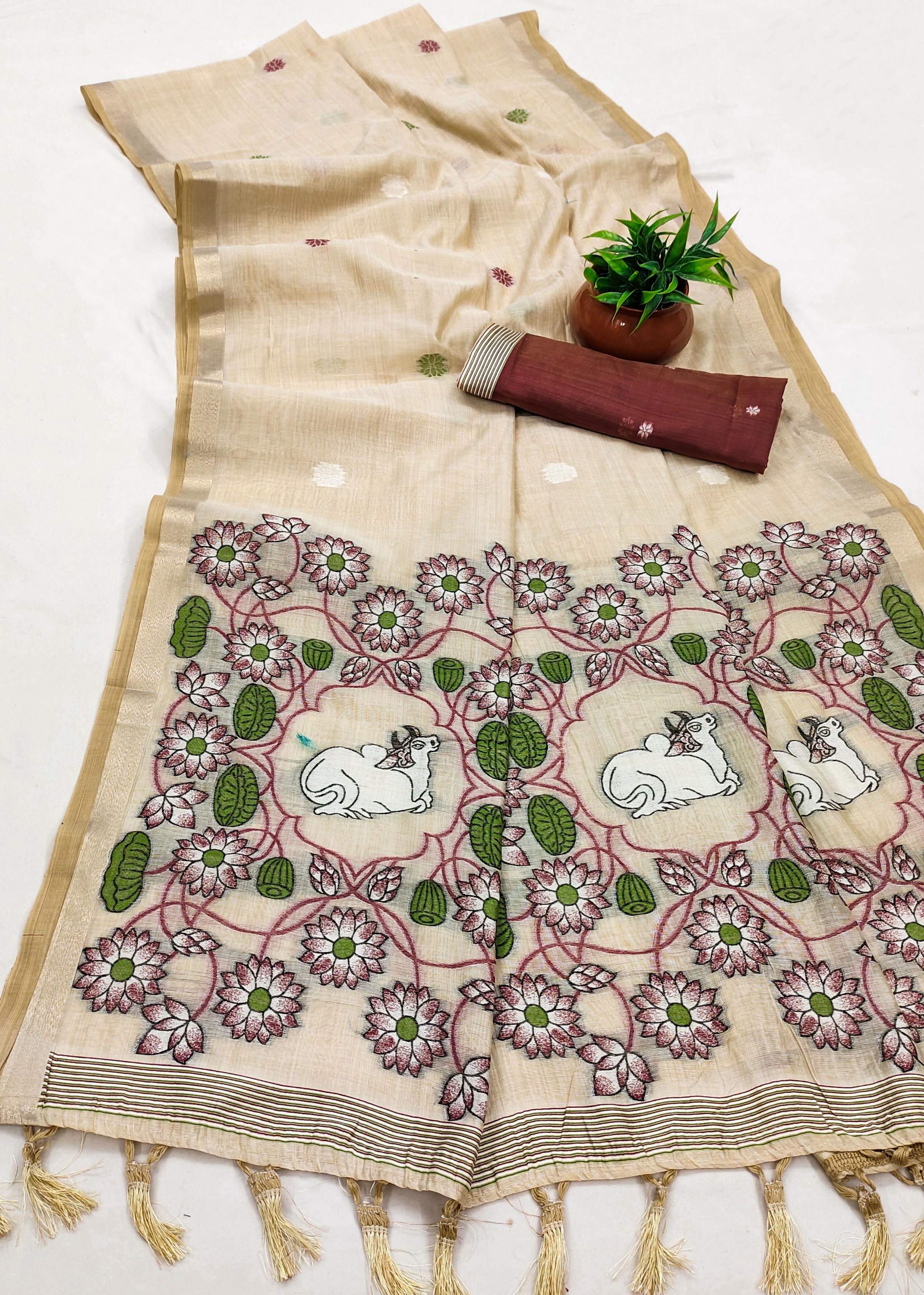 Vastranavya Cream Muga Cotton Meenakari & Azarakh Pallu Saree with Contrast Blouse | Grocsy