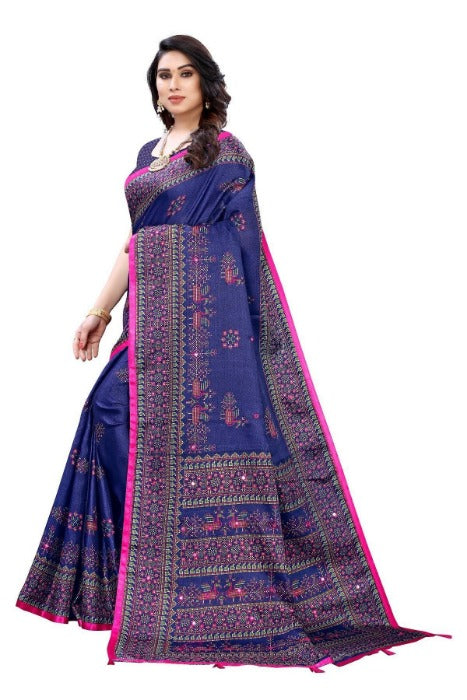 Vamika Navy Mirror Work With Jhalar Khadi Silk Saree (AASHI NAVY) | Grocsy