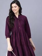 Myshka Silk Solid 3/4 Sleeve V Neck Purple Women Dress | Grocsy