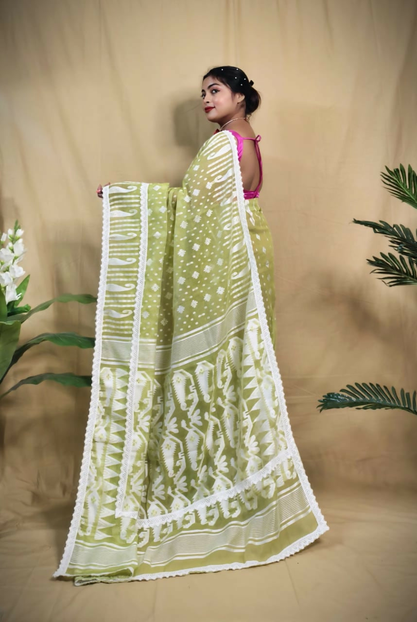 Exclusive Collection Beautiful Light Green Jaal Jamdani Saree | Grocsy