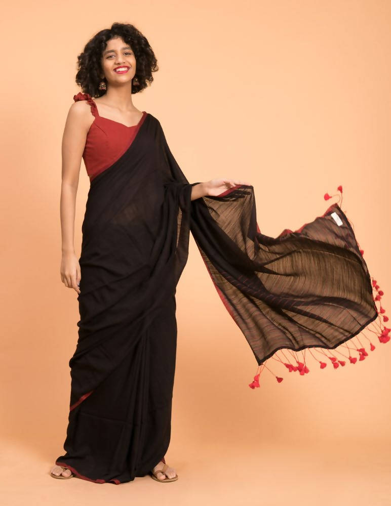 Suta Black Maroon Solid Cotton Saree | Grocsy