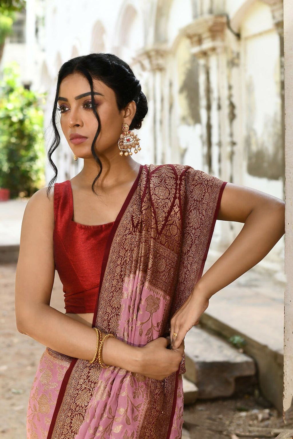 Joban Fashion Nude Pink Crepe Chiffon Pure Handloom Banarasi Silk Saree | Grocsy