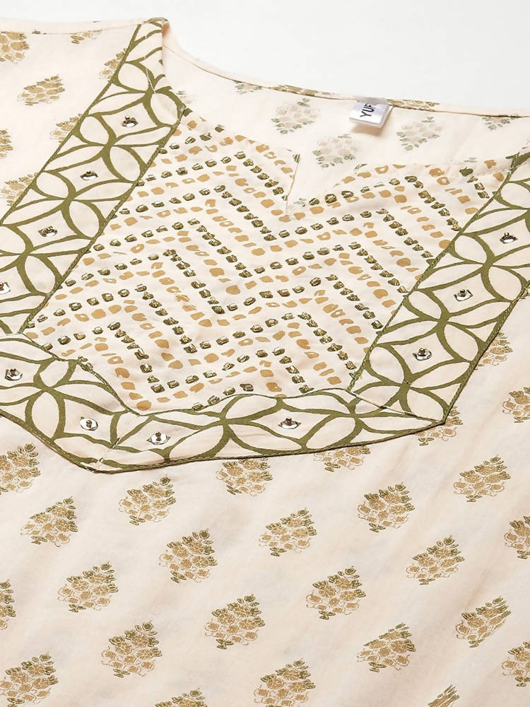 Yufta Women Beige & Green Ethnic Motifs Printed Cotton Kurta with Trouser With Dupatta | Grocsy