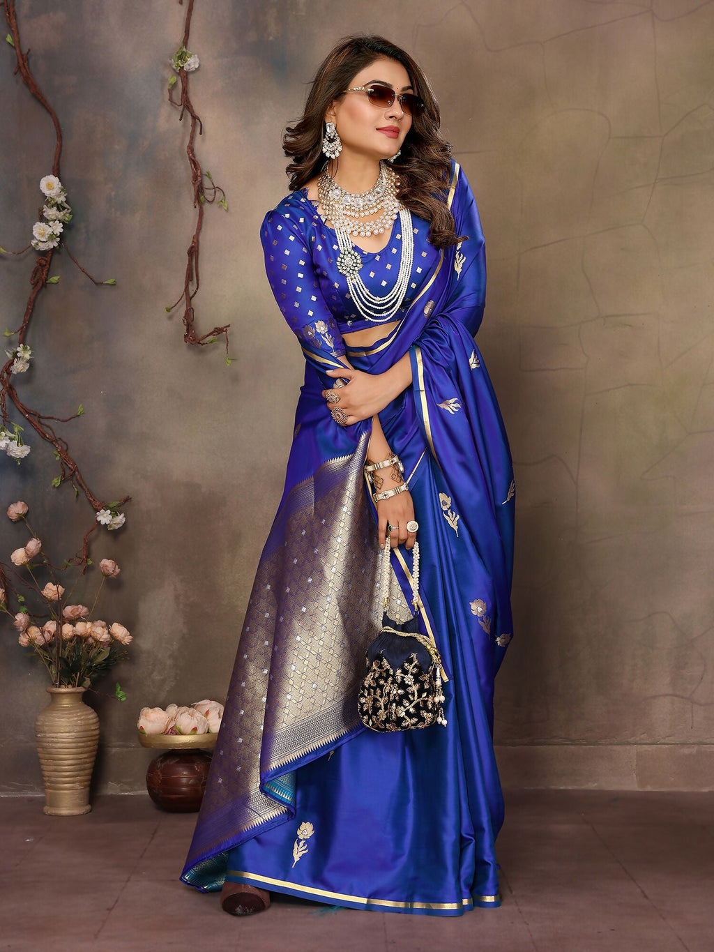 Joban Fashion Royal Blue Floral & Botanical Motifs Satin Silk Banarasi Silk Saree | Grocsy