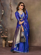 Joban Fashion Royal Blue Floral & Botanical Motifs Satin Silk Banarasi Silk Saree | Grocsy