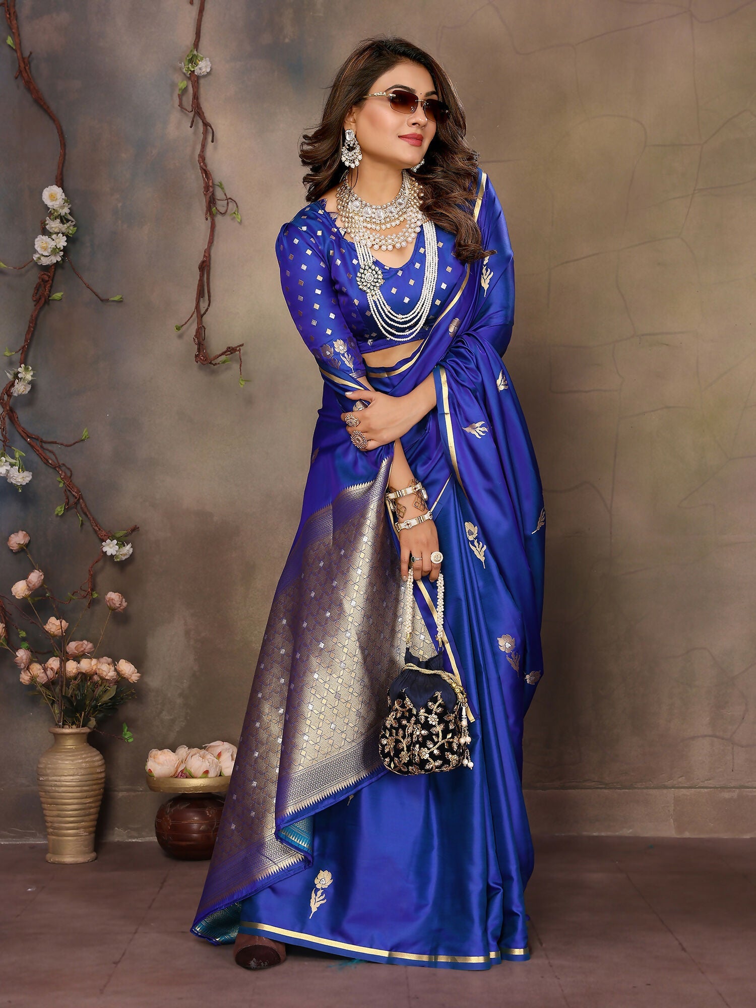 Joban Fashion Royal Blue Floral & Botanical Motifs Satin Silk Banarasi Silk Saree | Grocsy