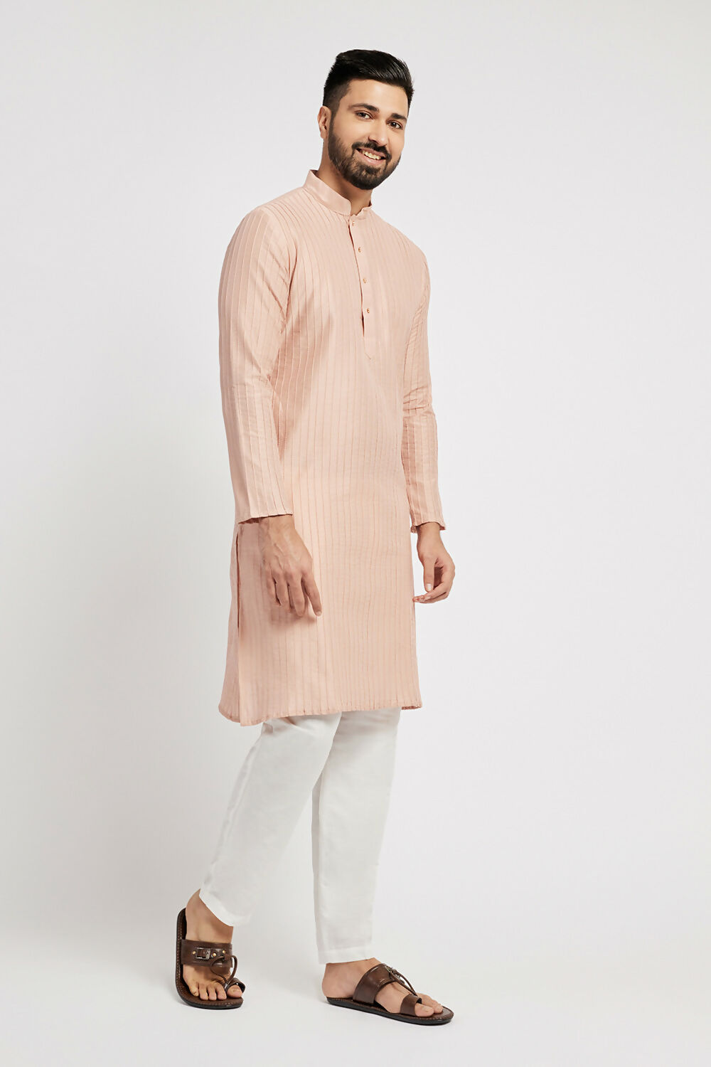 Ethnic India Pink Men's Kurta Striped Polyester | Grocsy